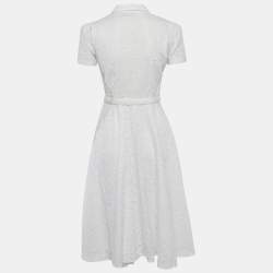 Pre Owned فسـتان بولو رالف لورين مذهـب بـالخيوط أبيض كتان بحزام مقاس صغير - إكس سمول