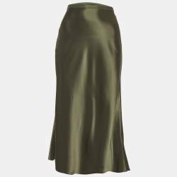 Pre Owned Polo Ralph Lauren Green Satin Midi Skirt S