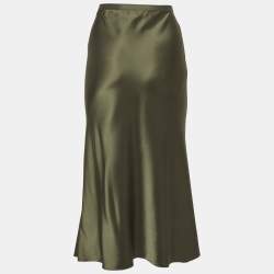 Pre Owned Polo Ralph Lauren Green Satin Midi Skirt S