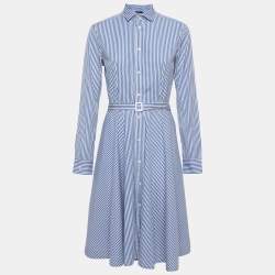 Pre Owned Polo Ralph Lauren Blue Striped Cotton Midi Shirt Dress M