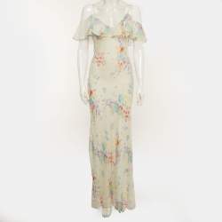 Pre Owned Polo Ralph Lauren White Floral Print Silk Ruffled Maxi Dress S