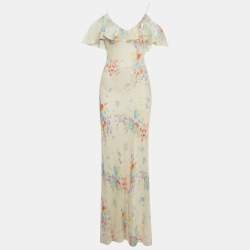 Pre Owned Polo Ralph Lauren White Floral Print Silk Ruffled Maxi Dress S