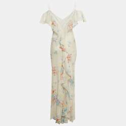 Pre Owned Polo Ralph Lauren White Floral Print Silk Ruffled Maxi Dress S