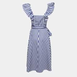 Pre Owned Polo Ralph Lauren White/Blue Striped Cotton Wrap Midi Dress S