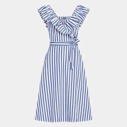 Pre Owned Polo Ralph Lauren White/Blue Striped Cotton Wrap Midi Dress S