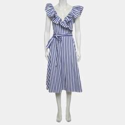 Pre Owned Polo Ralph Lauren White/Blue Striped Cotton Wrap Midi Dress S