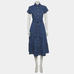 Pre Owned Polo Ralph Lauren Blue Denim Belted Tiered Midi Dress S