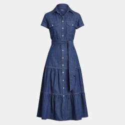 Pre Owned Polo Ralph Lauren Blue Denim Belted Tiered Midi Dress S