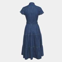 Pre Owned Polo Ralph Lauren Blue Denim Belted Tiered Midi Dress S