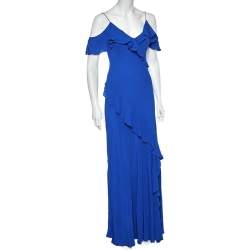 Pre Owned Polo Ralph Lauren Blue Silk Ruffled Trimmed Maxi Dress M