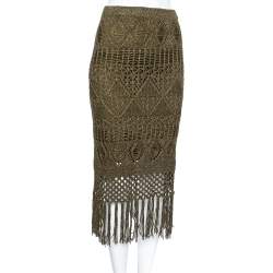 Pre Owned Polo Ralph Lauren Olive Green Open Knit Linen Fringed Midi Skirt XS