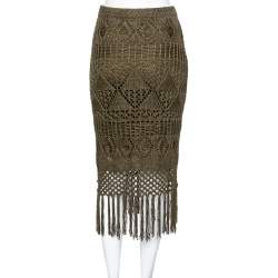 Pre Owned Polo Ralph Lauren Olive Green Open Knit Linen Fringed Midi Skirt XS