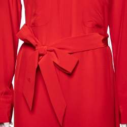 Pre Owned Polo Ralph Lauren Coral Red Silk Crepe De Chine Belted Shirt Dress M
