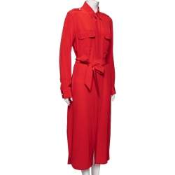 Pre Owned Polo Ralph Lauren Coral Red Silk Crepe De Chine Belted Shirt Dress M