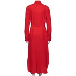 Pre Owned Polo Ralph Lauren Coral Red Silk Crepe De Chine Belted Shirt Dress M