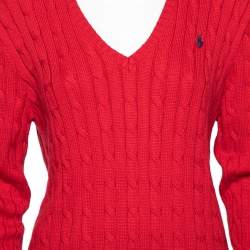 Pre Owned Polo Ralph Lauren Dark Red Cotton V-neck Kimberly Sweater XL