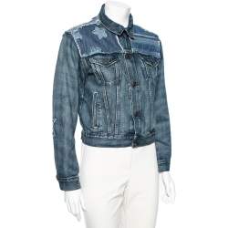 Pre Owned Polo Ralph Lauren Blue Denim Flag Patchwork Denim Trucker Jacket S