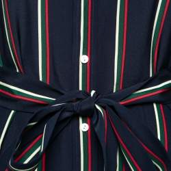 مملوكة مسبقًا Polo Ralph Lauren Navy Blue Striped Silk Belted Shirt Dress L 