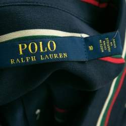 مملوكة مسبقًا Polo Ralph Lauren Navy Blue Striped Silk Belted Shirt Dress L 