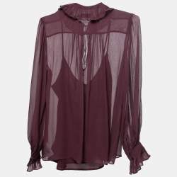 Pre Owned Polo Ralph Lauren Purple Silk Ruffle Detail Long Sleeve Top S