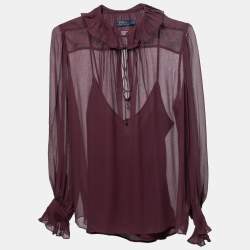 Pre Owned Polo Ralph Lauren Purple Silk Ruffle Detail Long Sleeve Top S
