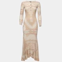 Pre Owned Polo Ralph Lauren Beige Tribal Patterned Knit Long Sleeve Maxi Dress XS