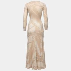 Pre Owned Polo Ralph Lauren Beige Tribal Patterned Knit Long Sleeve Maxi Dress XS