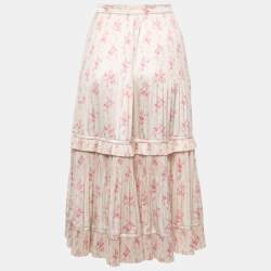 مملوكة مسبقًا Polo Ralph Lauren Cream Floral Printed Plisse Satin Midi Skirt S