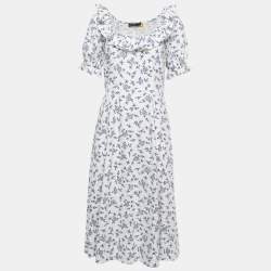Pre Owned Polo Ralph Lauren White Floral Printed Linen Ruffled Midi Dress M