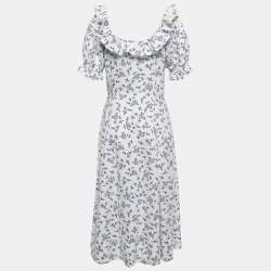 Pre Owned Polo Ralph Lauren White Floral Printed Linen Ruffled Midi Dress M