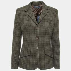 Pre Owned Polo Ralph Lauren Green Houndstooth Wool Button Front Blazer M