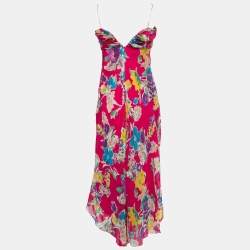 Pre Owned Polo Ralph Lauren Pink Floral Silk Spaghetti Strap Midi Dress S