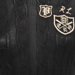 Pre Owned Polo Ralph Lauren Black Cotton Cable Knit Embroidered Patch Detail Crew Neck Sweater XS