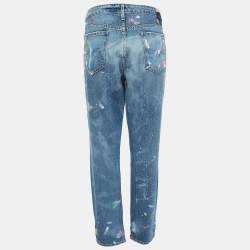 Polo Ralph Lauren Blue Paint Print Distressed Denim Astor Slim Boyfriend Jeans L Waist 32"