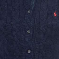مملوكة مسبقًا Polo Ralph Lauren Navy Blue Cable-Knit Cotton Crewneck Cardigan 