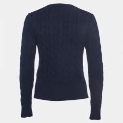 مملوكة مسبقًا Polo Ralph Lauren Navy Blue Cable-Knit Cotton Crewneck Cardigan 