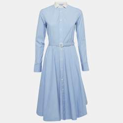 Pre Owned Polo Ralph Lauren Blue Cotton Button Front Belted Dress S