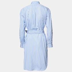 Pre Owned Polo Ralph Lauren Blue Striped Cotton Belted Shirt Dress M