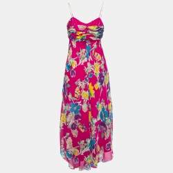 Pre Owned Polo Ralph Lauren Pink Floral Silk Spaghetti Strap Midi Dress M