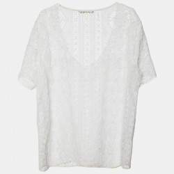 Pre Owned Polo Ralph Lauren White Lace V-Neck Blouse M