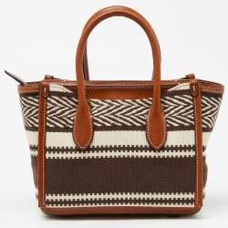 Pre Owned Polo Ralph Lauren Brown/Beige Embroidered Canvas and Leather Sloane Tote    