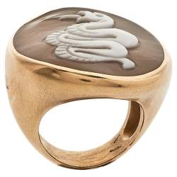 Pre Owned Pomellato Snake Cameo Shell 18K Rose Gold Oval Cocktail Ring Size 55 