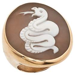 Pre Owned Pomellato Snake Cameo Shell 18K Rose Gold Oval Cocktail Ring Size 55 
