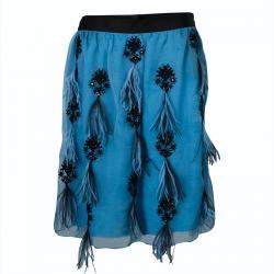 Prabal Gurung Blue Feather Detail Embellished Skirt M