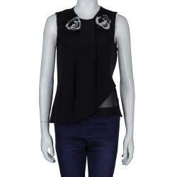 مملوكة مسبقًا Prabal Gurung Black Rosette Applique Detail Sleeveless Silk Blouse M