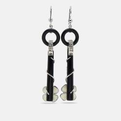  Prada Flower Resin Crystals Enamel Silver Tone Drop Earrings