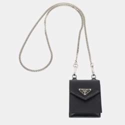 Prada Black Saffiano Leather Earphone Chain Case 