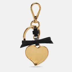 Prada Black Saffiano Leather Gold Tone Heart Key Chain