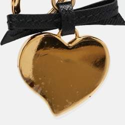 Prada Black Saffiano Leather Gold Tone Heart Key Chain