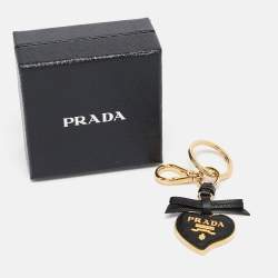 Prada Black Saffiano Leather Gold Tone Heart Key Chain